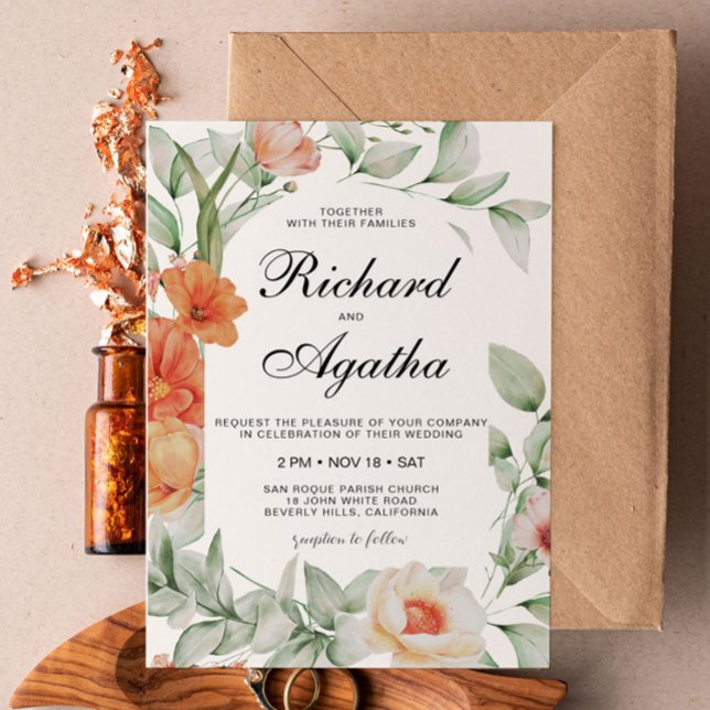 Convite Orange Floral Frame Wedding (Criador carregado)