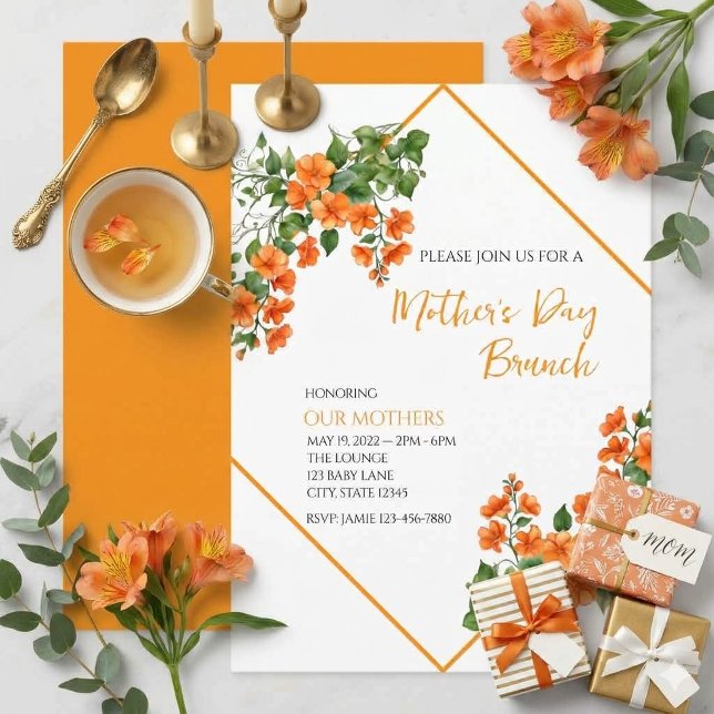 Convite Orange Floral Mother's Day Brunch Invitation (Criador carregado)