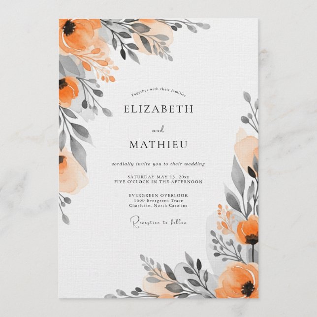Convite Orange Floral Painterly Wedding (Frente)