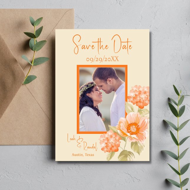 Convite Orange Floral Save the Date Wedding (Criador carregado)