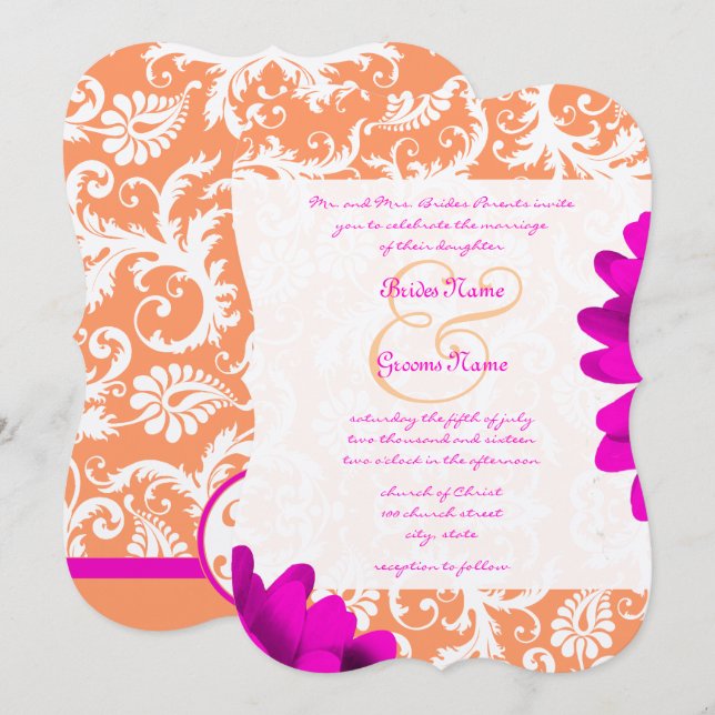 Convite Orange & Fuchsia Pink Gerber Daisy Wedding (Frente/Verso)