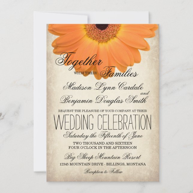 Convite Orange Gerber Daisy Rustic Country Wedes Invites (Frente)