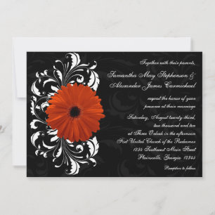 Convite Orange Gerbera Daisy com rolagem de preto e branco