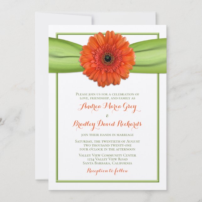 Convite Orange Gerbera Daisy Green Weditation (Frente)