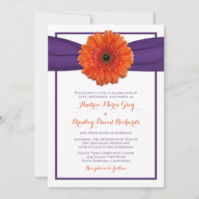 Convite Orange Gerbera Daisy Purple Weditation (Frente)