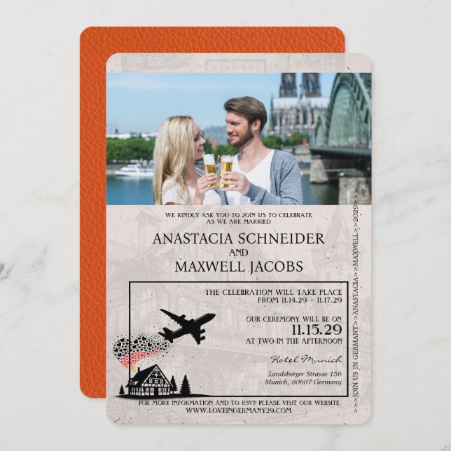 Convite Orange Germany Passport Wedding (Frente/Verso)