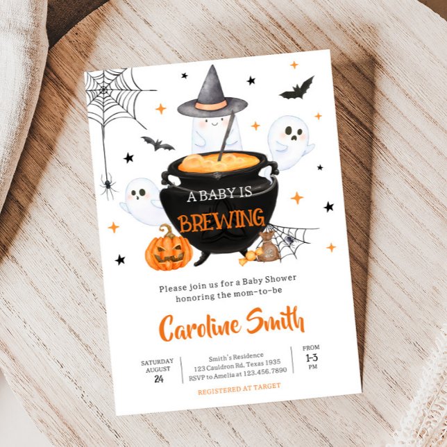 Convite Orange Ghost Halloween Baby está criando Chá de fr (Baby is Brewing Baby Shower Invitation
)