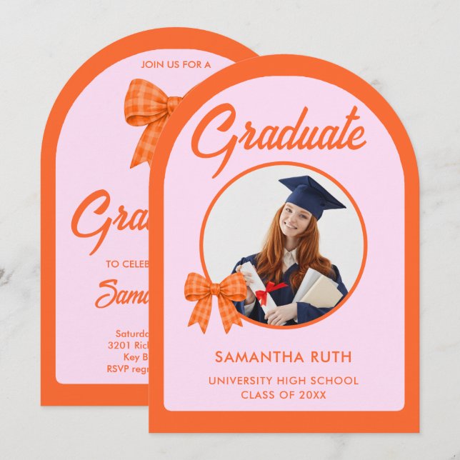 Convite Orange Gingham Bow Arch Photo Graduation Party (Frente/Verso)