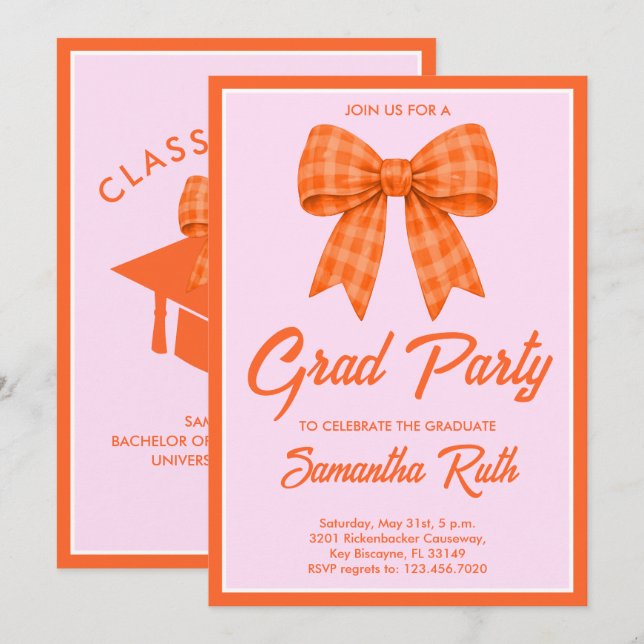 Convite Orange Gingham Bow Graduation Party (Frente/Verso)