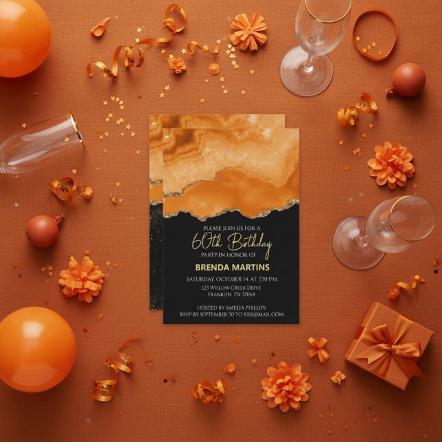 Convite Orange Gold Glitter  Watercolor (Criador carregado)