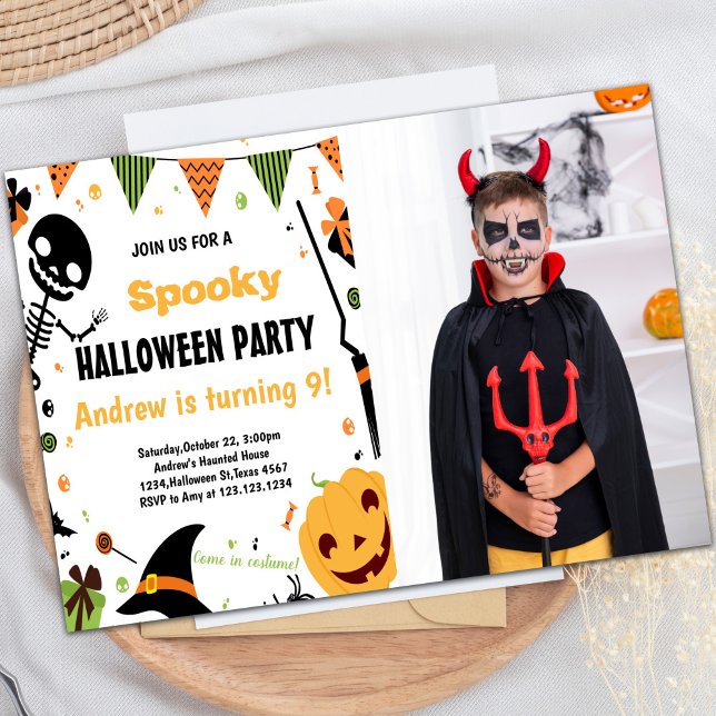 Convite Orange Halloween Aniversário com foto (Orange Halloween Birthday Invitations with photo)