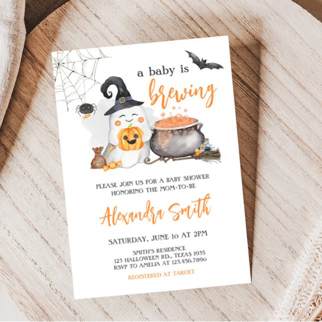 Convite Orange Halloween Baby está criando Chá de fraldas (Orange A Baby is Brewing Baby Shower Invitation )