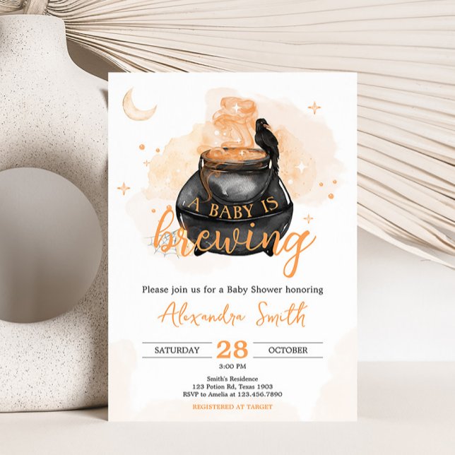 Convite Orange Halloween Um bebê está criando Chá de frald (Orange A Baby is Brewing Halloween Baby Shower Invitation)