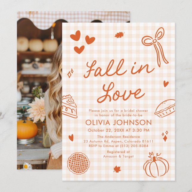 Convite Orange Hand Drawn Fall in Love Bridal Shower (Frente/Verso)