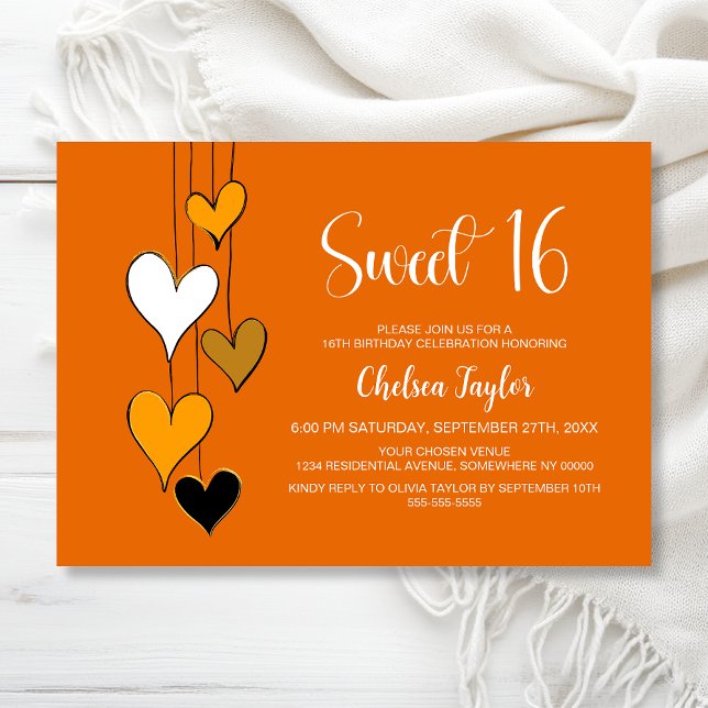 Convite Orange Heart Theme Sweet 16 Birthday (Criador carregado)