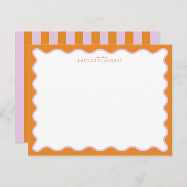 Convite Orange & Lilac Wavy Frame Note Card with Striped E (Frente/Verso)
