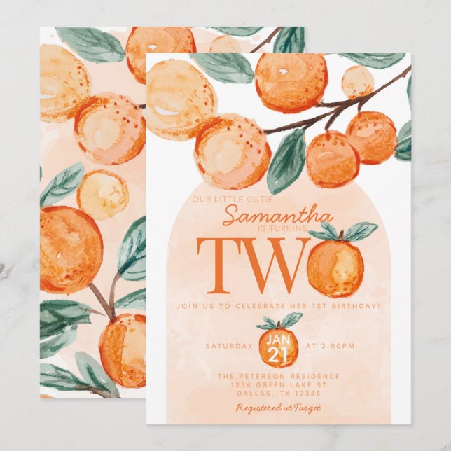 Convite Orange Little Cutie a transformar DOIS Festa de se (Frente/Verso)