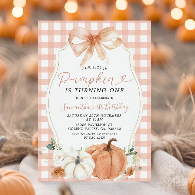 Convite Orange Little Pumpkin Fall Gingham Primeiro Aniver (Criador carregado)