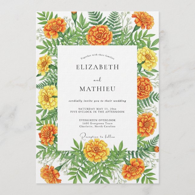 Convite Orange Marigold Botanical Autumn Wedding (Frente)