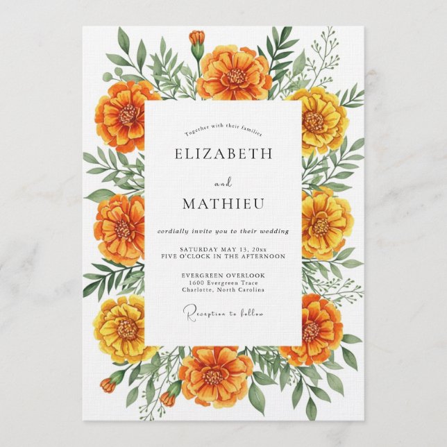 Convite Orange Marigold Botanical Flourish Wedding (Frente)