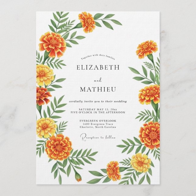 Convite Orange Marigold Botanical Wedding (Frente)