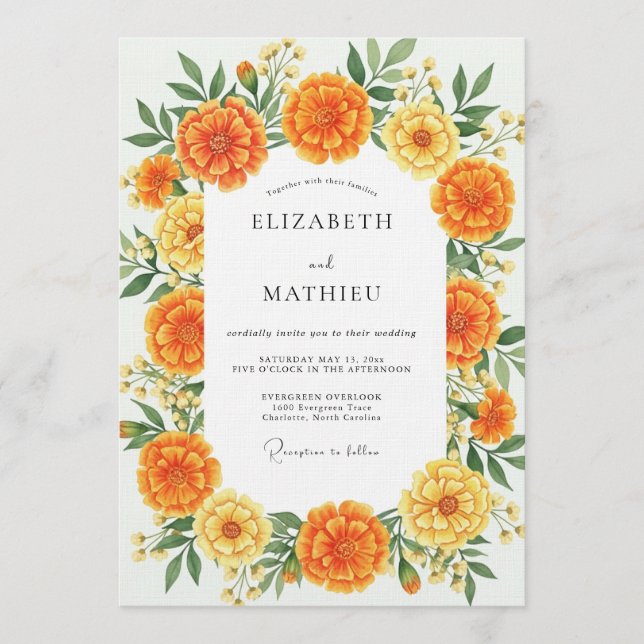 Convite Orange Marigold Floral Whimsy Wedding (Frente)