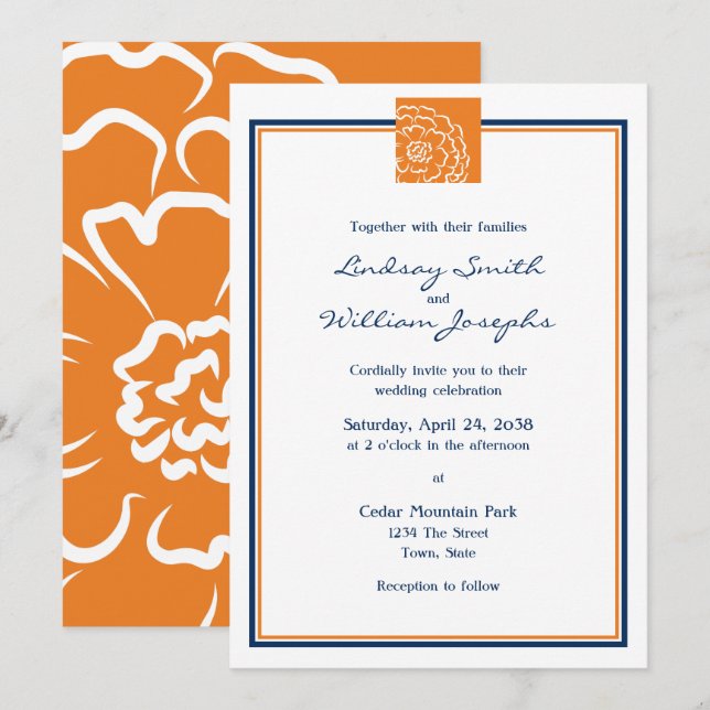 Convite Orange Marigold Flower Floral and Blue Weding (Frente/Verso)