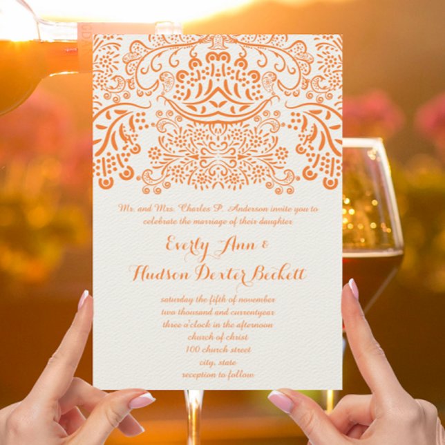 Convite Orange Mehndi Lace Bohemian Invitation (Criador carregado)