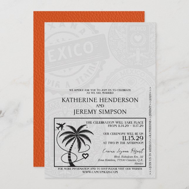 Convite Orange Mexico Passport Wedding (Frente/Verso)
