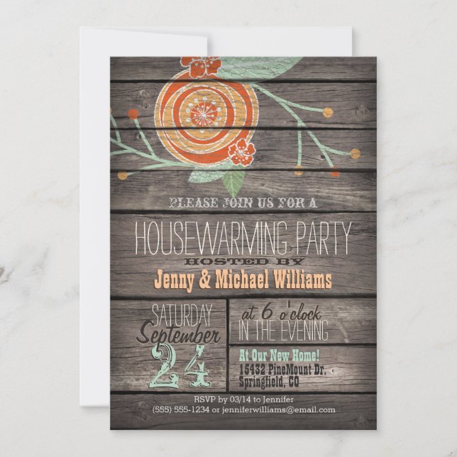 Convite Orange & Mint Green; Rustic Housearming Party (Frente)
