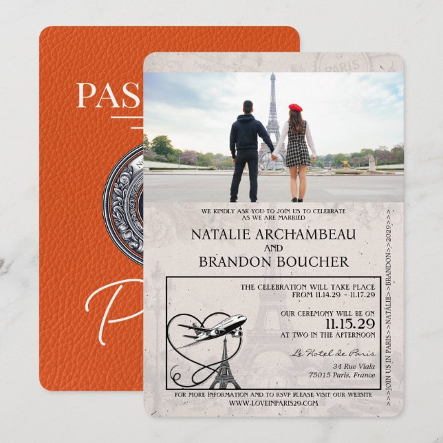Convite Orange Paris Passport Wedding (Frente/Verso)