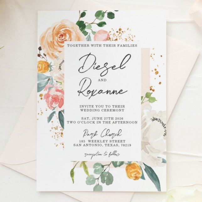 Convite Orange Peach Floral Wedding (Criador carregado)