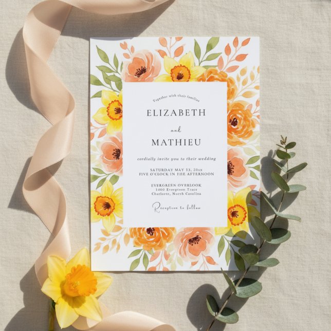 Convite Orange Peach Painterly Blossom Wedding (Criador carregado)