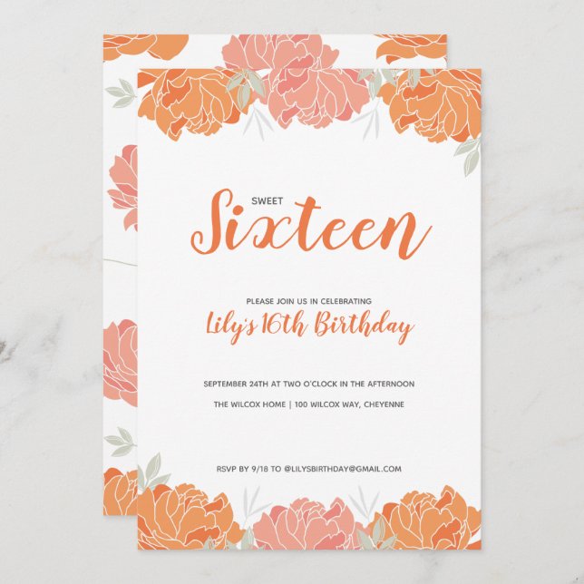 Convite Orange & Peach Peonies Doce 16 Festa de aniversári (Frente/Verso)