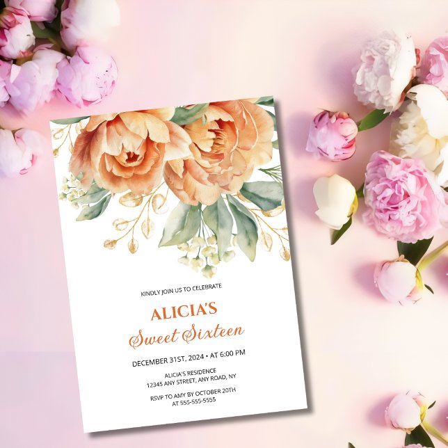 Convite Orange Peony Dourado Leaf Greenery 16º Aniversário (Criador carregado)