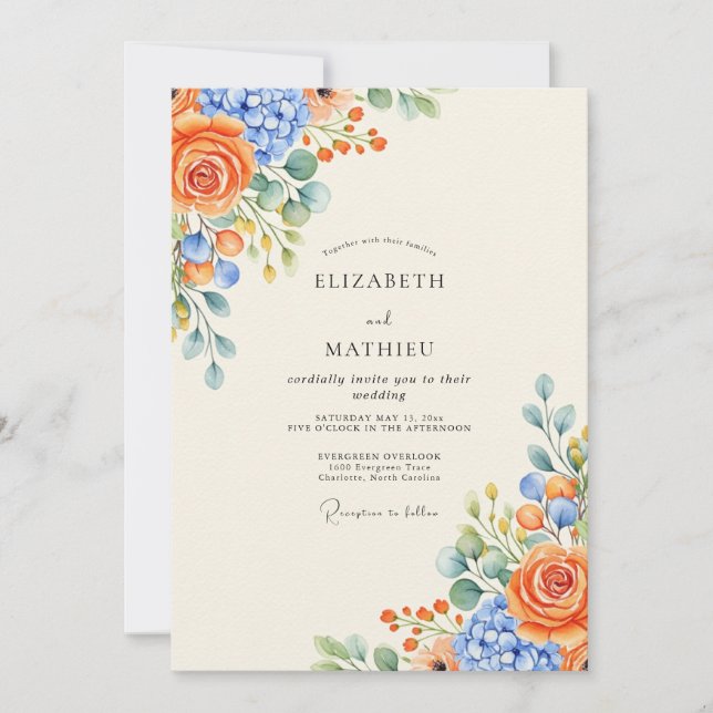 Convite Orange Periwinkle Vivid Floral Wedding (Frente)
