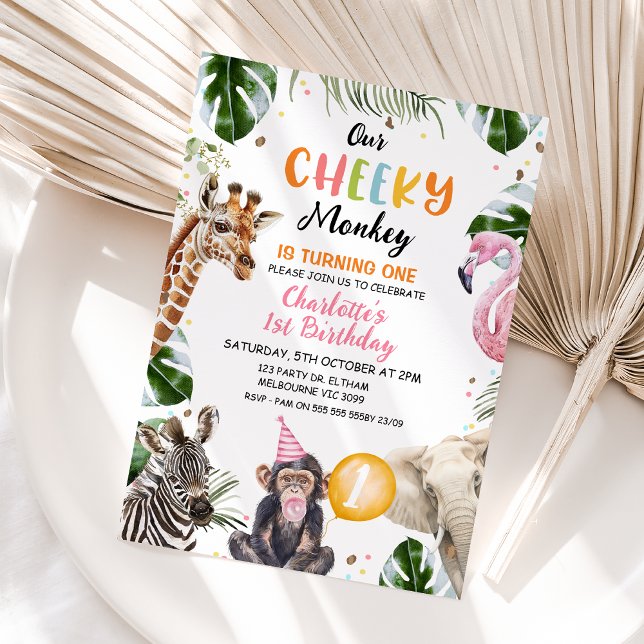 Convite Orange Pink Hat Our Cheky Monkey Birday (Cheeky Monkey Birthday Invitation Template Girl, Printable Our Cheeky Monkey 1st Birthday Invite
)