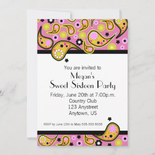 Convite Orange & Pink Paisley Sweet 16 Festas Convidadas
