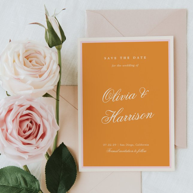 Convite Orange Pink Stripe Wedding Save the Date (Criador carregado)