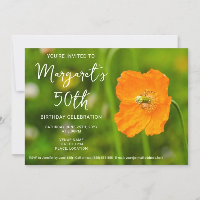 Convite Orange Poppy Flower On Green Photo 50th Birthday (Frente)