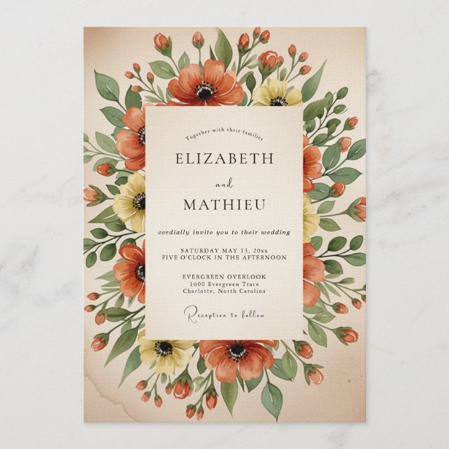 Convite Orange Poppy Painterly Flourish Wedding (Frente)