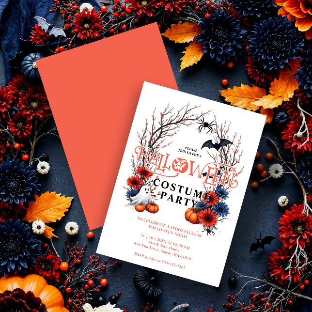 Convite Orange Pumpkin Ghost Bats Spiders Halloween (Halloween Party Invitation Cards with Colorful Pumpkins, Ghosts, Bats, and Spiders on Back Orange.)