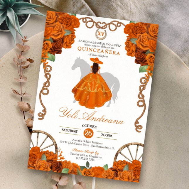 Convite Orange Quinceanera Rustic Western Charra (Criador carregado)