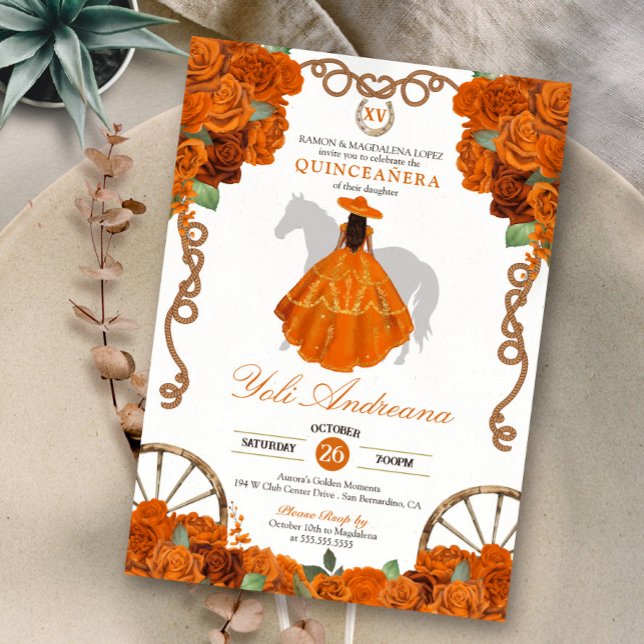 Convite Orange Quinceanera Western Charro (Criador carregado)