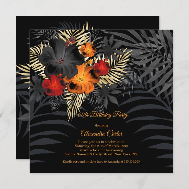 Convite Orange Red Black Hibiscus Floral Birthday (Frente/Verso)