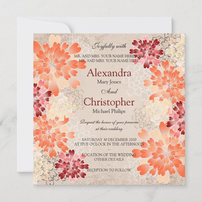 Convite Orange Red & Cream Flowers Retro Casamento (Frente)