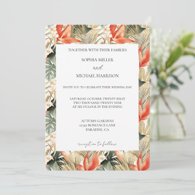 Convite Orange Red Tropical Jungle Floral Wedding (Em pé/Frente)