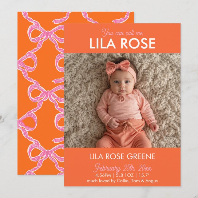 Convite Orange Retro Bow Photo Birth Announcement Card (Frente/Verso)