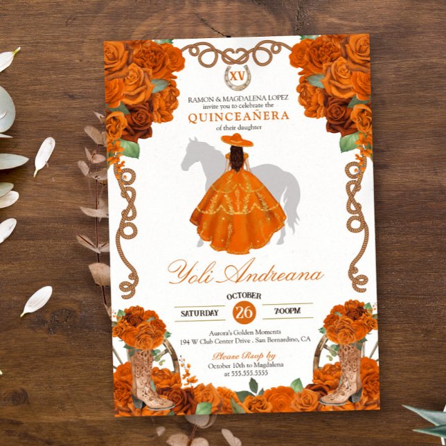Convite Orange Rosa Floral Western Charro Quinceanera (Criador carregado)
