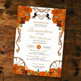 Convite Orange Rosa Western Quinceañera